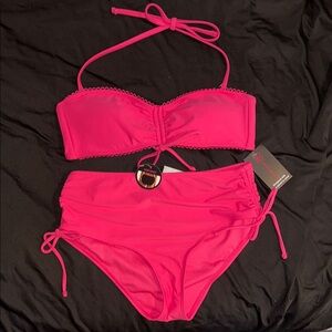NWT No‎ Boundaries Hot Pink Side Tie High Waisted Bikini Set L
